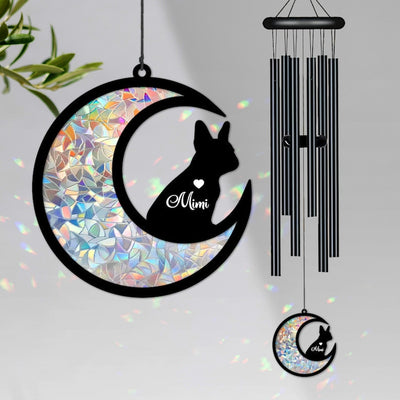 Custom French Bulldog on Moon Suncatcher Black Wind Chime, Dog Memorial Wind Chime, Dog Lover Gift, Pet Loss Sympathy Gift, Window Hanging