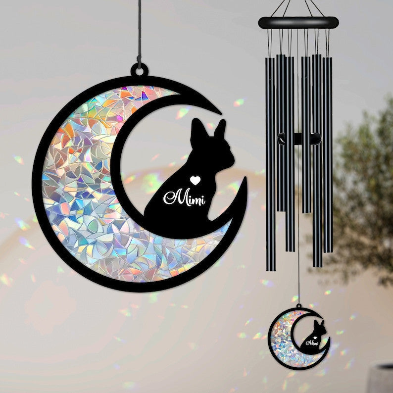 Custom French Bulldog on Moon Suncatcher Black Wind Chime, Dog Memorial Wind Chime, Dog Lover Gift, Pet Loss Sympathy Gift, Window Hanging