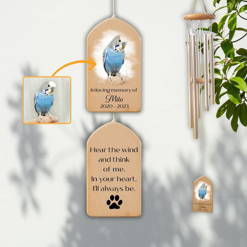Custom Bird Memorial Wind Chime, Pet Bereavement Remembrance, Pet Loss Gift, Pet Photo Watercolor Portrait Wind Chime, Bird Memorial Gifts