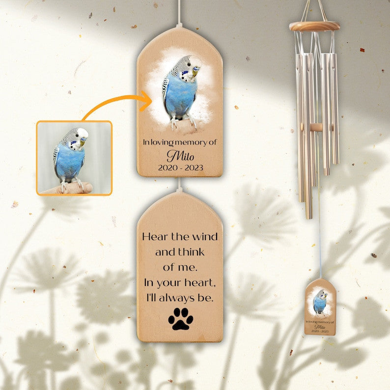 Custom Bird Memorial Wind Chime, Pet Bereavement Remembrance, Pet Loss Gift, Pet Photo Watercolor Portrait Wind Chime, Bird Memorial Gifts