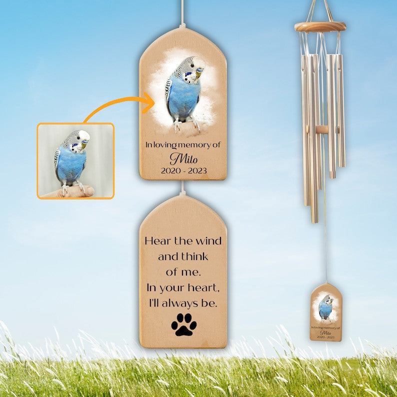 Custom Bird Memorial Wind Chime, Pet Bereavement Remembrance, Pet Loss Gift, Pet Photo Watercolor Portrait Wind Chime, Bird Memorial Gifts