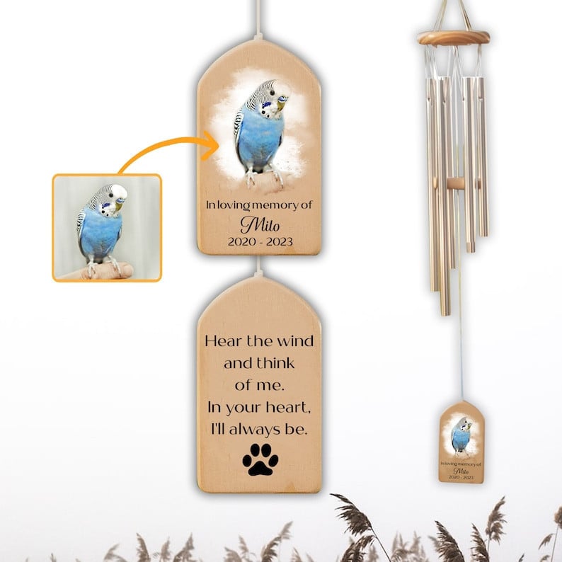 Custom Bird Memorial Wind Chime, Pet Bereavement Remembrance, Pet Loss Gift, Pet Photo Watercolor Portrait Wind Chime, Bird Memorial Gifts