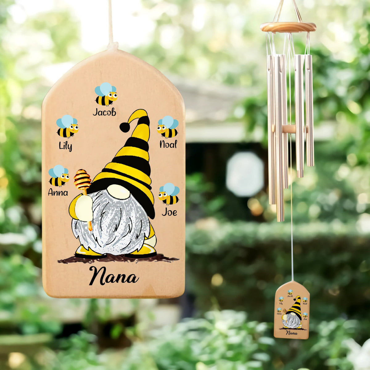 Personalized Bee Gnome Wind Chimes, Grandma Wind Chime, Mother'ss Day Gift, Custom Gnome Wind Chime Grandparent'ss Day Gift Grandma Nana Mimi