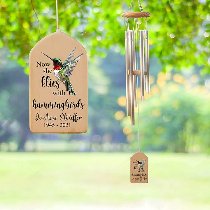 Now She Flies with Hummingbirds Personalized Memorial Wind Chime Loss of Mom Wife Grandma Sympathy Wind Chime Bereavement Gift
