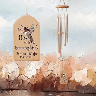 Now She Flies with Hummingbirds Personalized Memorial Wind Chime Loss of Mom Wife Grandma Sympathy Wind Chime Bereavement Gift