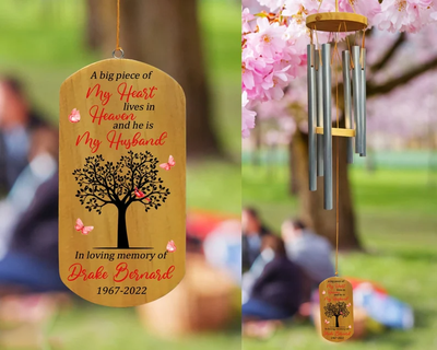 Personalized A Big Piece Of My Heart Lives In Heaven Wind Chimes Memorial, Husband Memorial Wind Chimes, In Memory Of Husband, Sympathy Gift