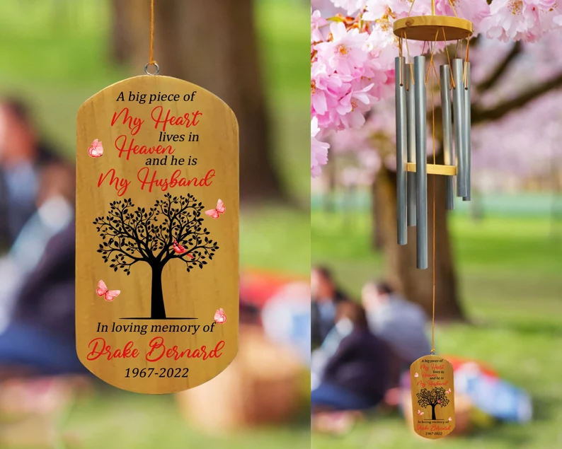 Personalized A Big Piece Of My Heart Lives In Heaven Wind Chimes Memorial, Husband Memorial Wind Chimes, In Memory Of Husband, Sympathy Gift