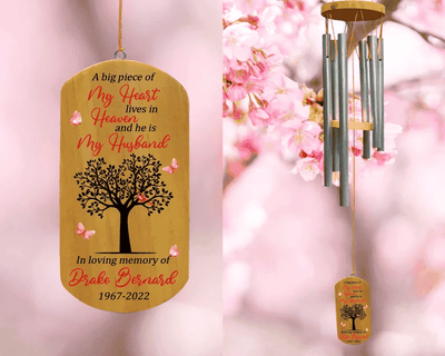 Personalized A Big Piece Of My Heart Lives In Heaven Wind Chimes Memorial, Husband Memorial Wind Chimes, In Memory Of Husband, Sympathy Gift