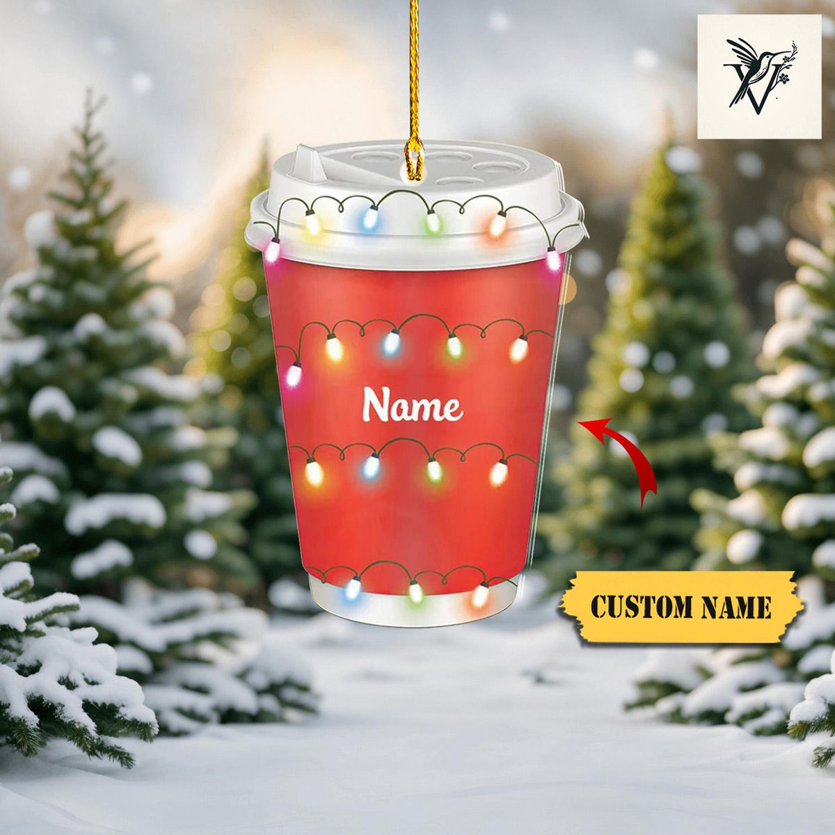 Personalized Coffee Cup Christmas Light Ornament 2D , Custom Car Ornament ,Engraved Barista Keepsake , Coffee Ornament