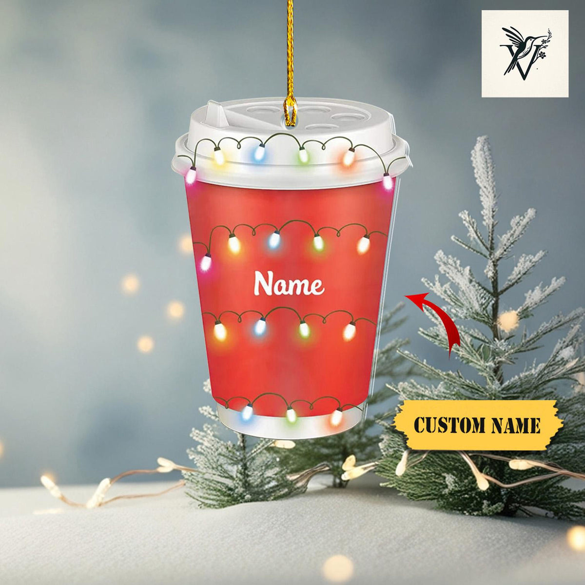 Personalized Coffee Cup Christmas Light Ornament 2D , Custom Car Ornament ,Engraved Barista Keepsake , Coffee Ornament