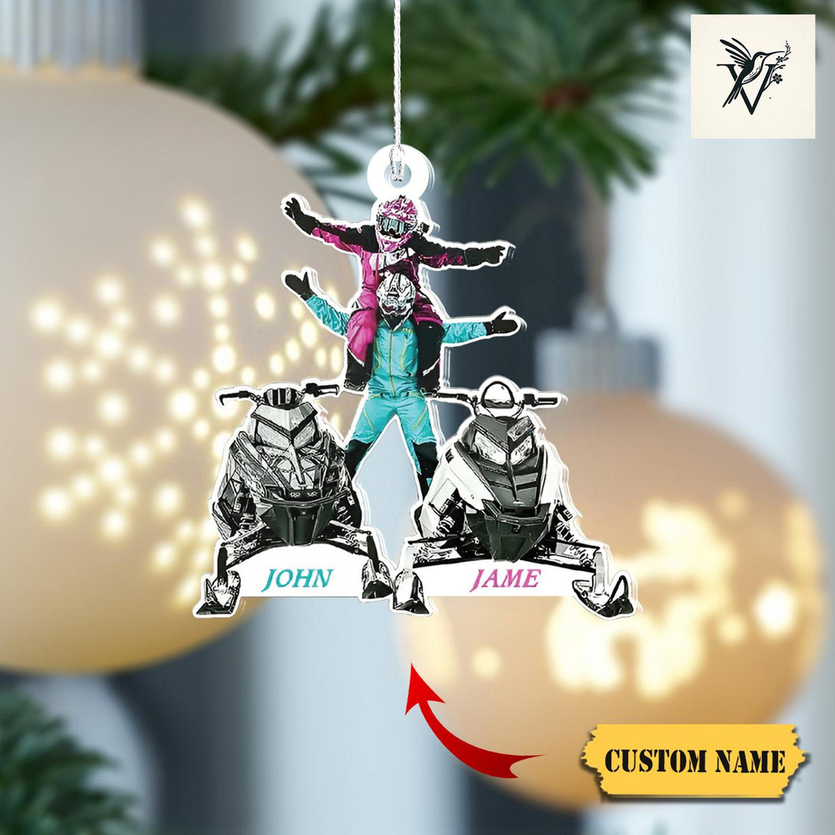 Customizable Double Snowmobile Ornament 2D With Names, Perfect Holiday Decor For Snowmobiling Couples And Friends ,Unique Winter Sports Gift