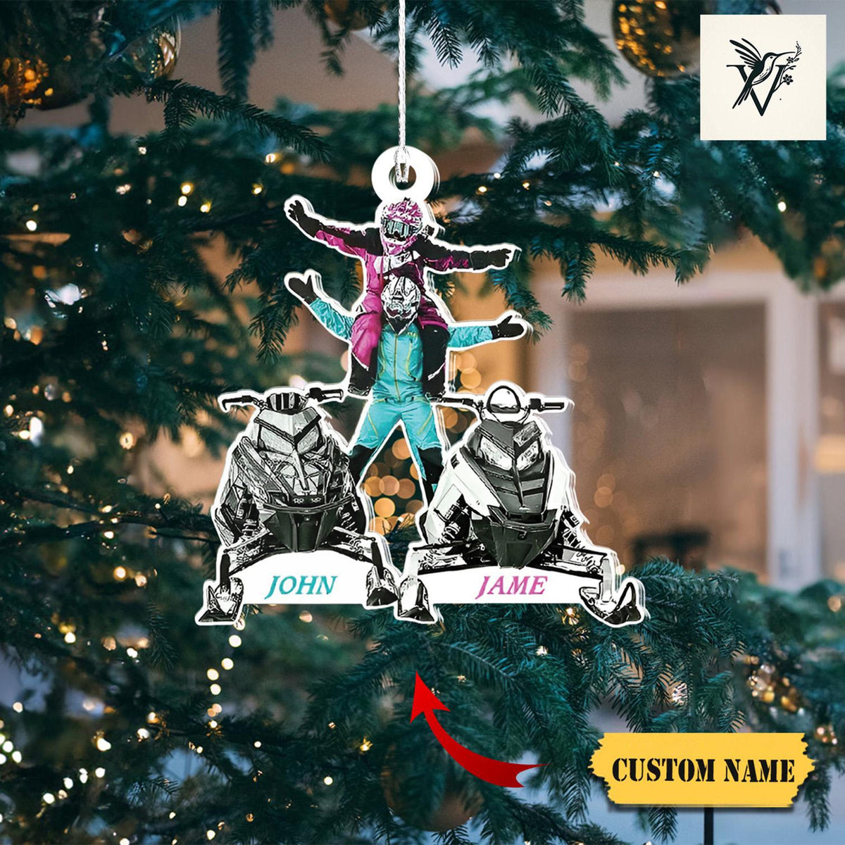 Customizable Double Snowmobile Ornament 2D With Names, Perfect Holiday Decor For Snowmobiling Couples And Friends ,Unique Winter Sports Gift