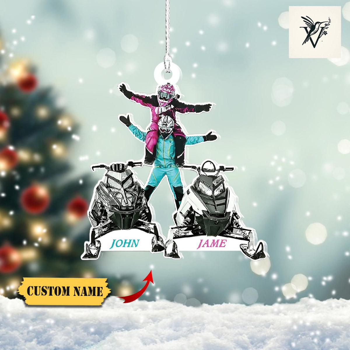 Customizable Double Snowmobile Ornament 2D With Names, Perfect Holiday Decor For Snowmobiling Couples And Friends ,Unique Winter Sports Gift