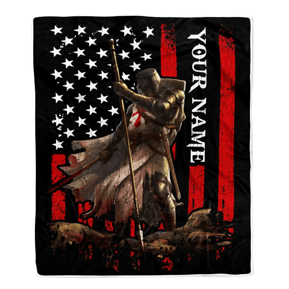 Personalized Knight Templar Blanket Custom Name Crusader Warrior American Flag For Men Husband Dad Son Birthday Christmas Customized Bed Fleece Throw Blanket