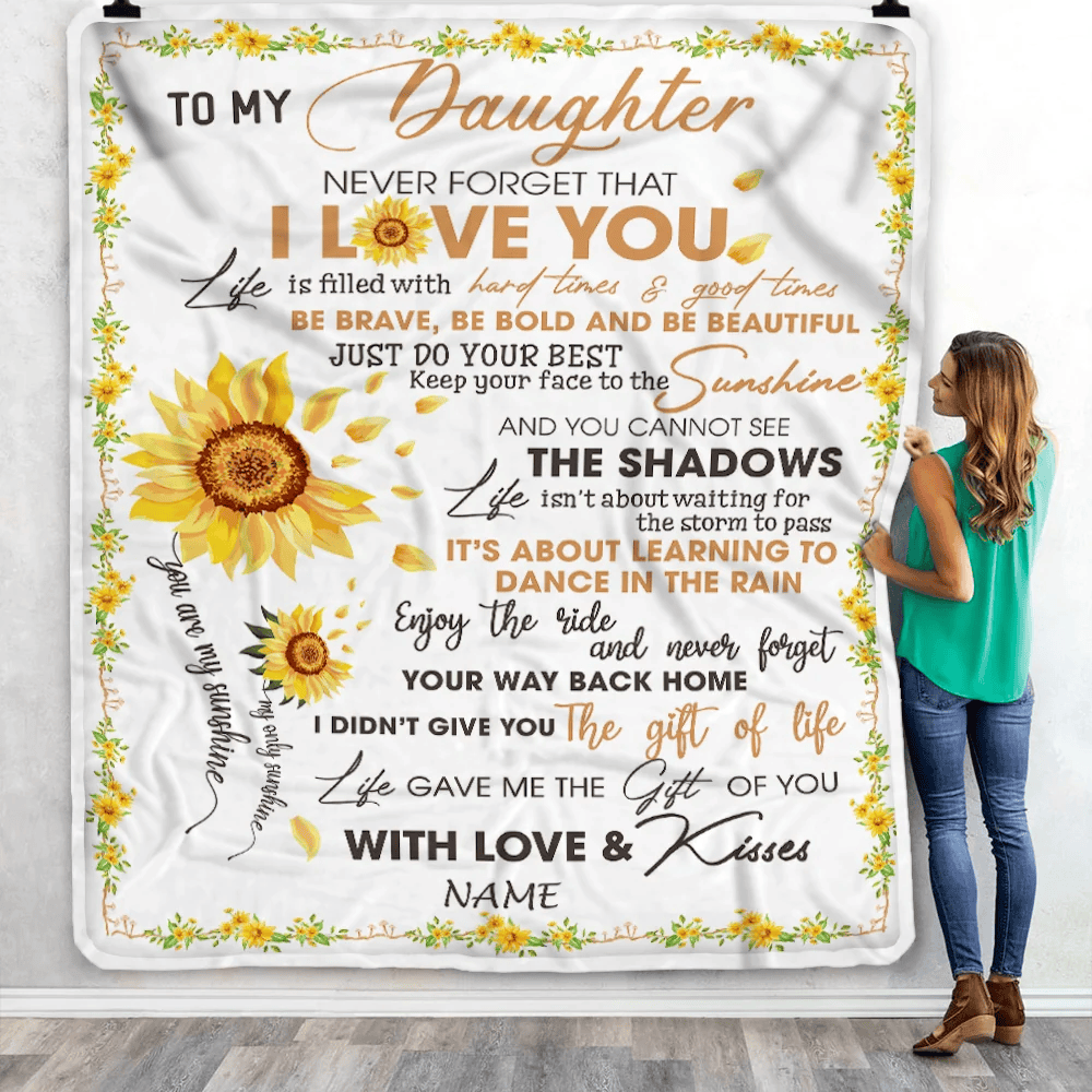 Personalized To My Daughter Blanket From Mom Dad I Love You White Sunflower Daughter Birthday Christmas Thanksgiving Graduation Customized Fleece Blanket