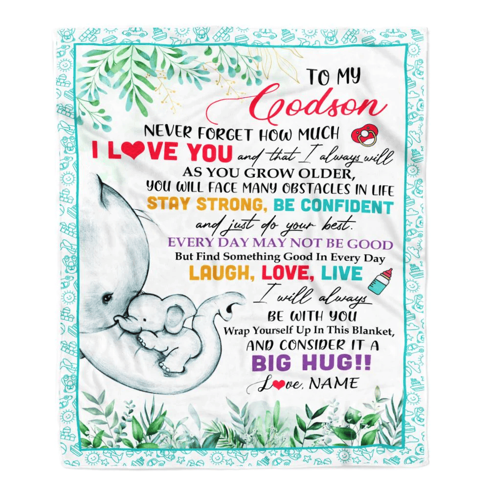 Personalized To My Godson Blanket From Godmother Aunt Never Forget I Love You Elephant Baby Boy Godson Birthday Christmas Customized Fleece Blanket