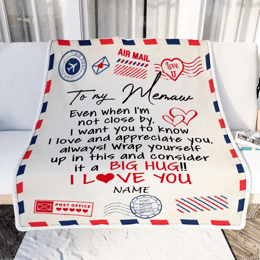 Personalized Memaw Blanket From Grandkids I Love You Hugs Air Mail Letter Memaw Birthday Valentine Christmas Wedding Anniversary Customized Fleece Blanket