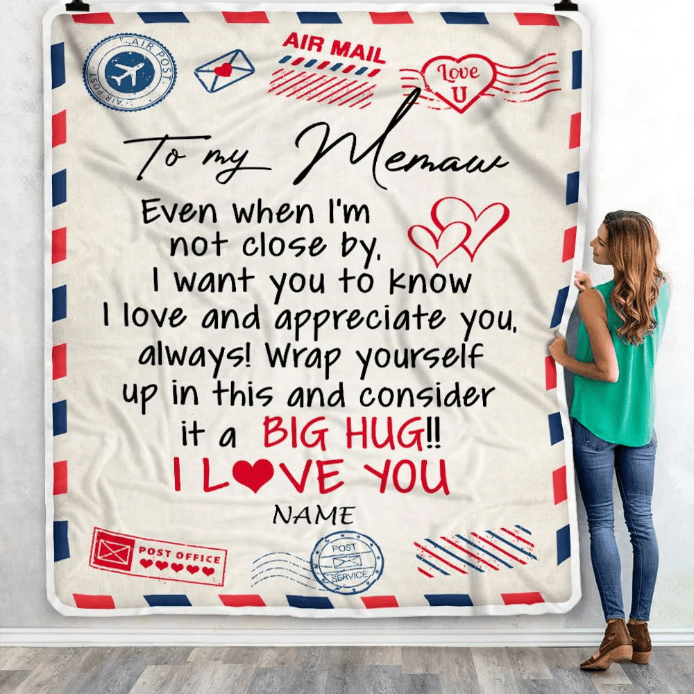 Personalized Memaw Blanket From Grandkids I Love You Hugs Air Mail Letter Memaw Birthday Valentine Christmas Wedding Anniversary Customized Fleece Blanket