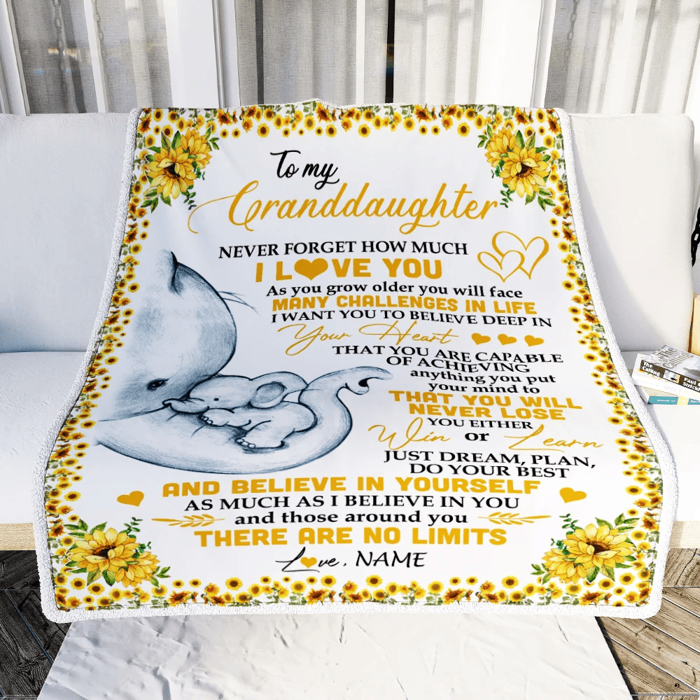 Personalized To My Granddaughter I Love You From Grandma Grandpa Nana Sunflower Elephant Birthday Christmas Thanksgiving Graduation Customized Fleece Blanket