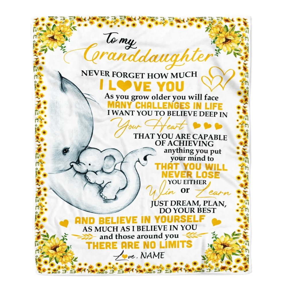 Personalized To My Granddaughter I Love You From Grandma Grandpa Nana Sunflower Elephant Birthday Christmas Thanksgiving Graduation Customized Fleece Blanket