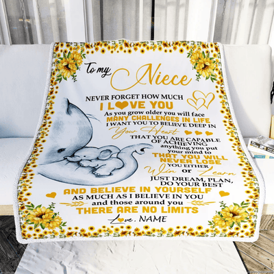 Personalized To My Niece I Love You From Aunt Auntie Uncle Sunflower Elephant Niece Birthday Christmas Thanksgiving Graduation Customized Fleece Blanket