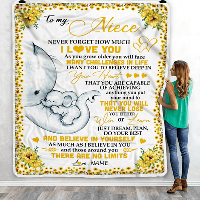 Personalized To My Niece I Love You From Aunt Auntie Uncle Sunflower Elephant Niece Birthday Christmas Thanksgiving Graduation Customized Fleece Blanket