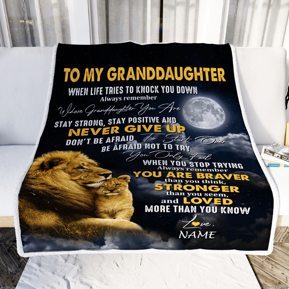 Personalized To My Granddaughter Blanket From Grandma Grandpa Lion Never Give Up Granddaughter Birthday Christmas Customized Fleece Throw Blanket