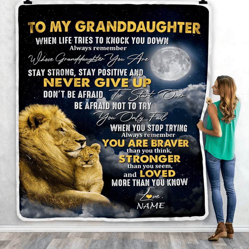 Personalized To My Granddaughter Blanket From Grandma Grandpa Lion Never Give Up Granddaughter Birthday Christmas Customized Fleece Throw Blanket