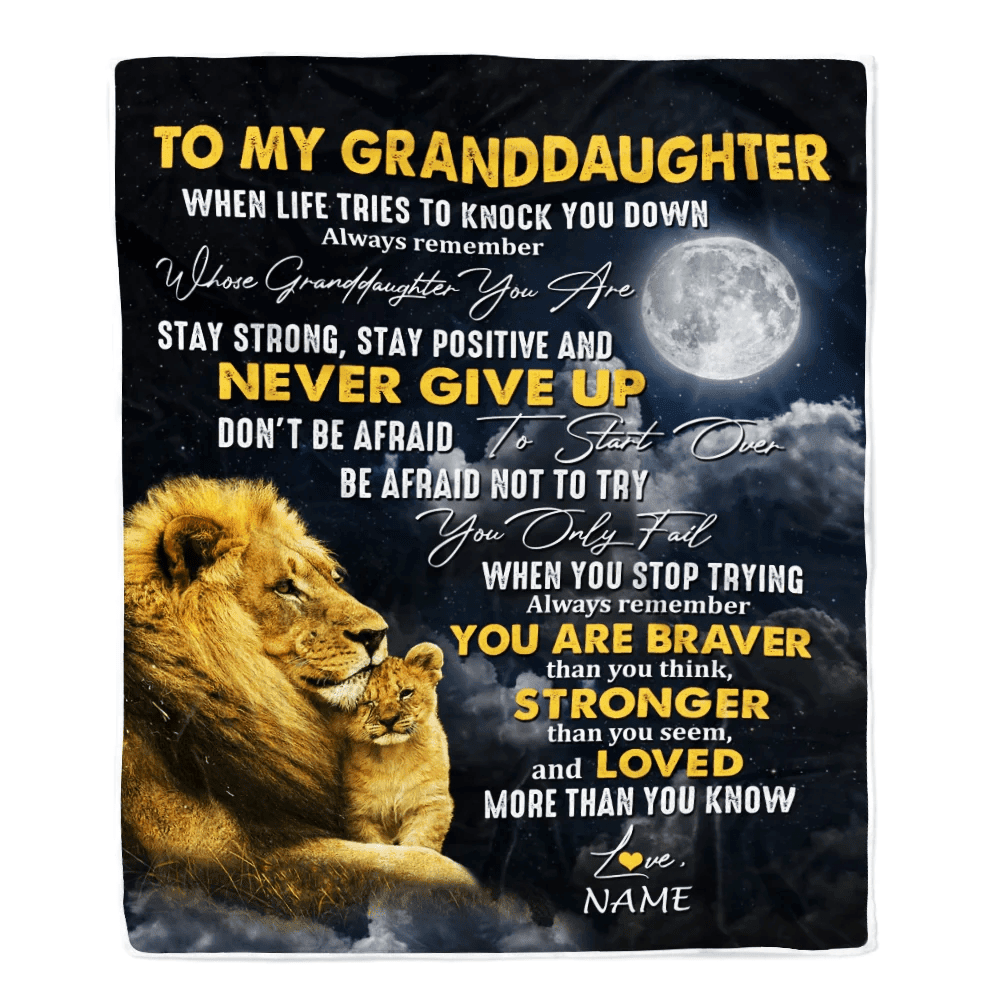 Personalized To My Granddaughter Blanket From Grandma Grandpa Lion Never Give Up Granddaughter Birthday Christmas Customized Fleece Throw Blanket