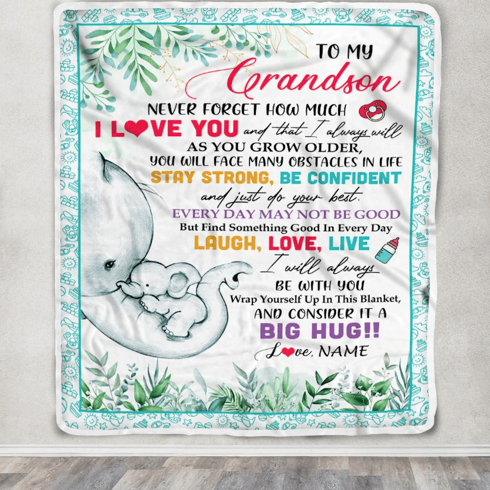 Personalized To My Grandson Blanket From Grandma Never Forget I Love You Elephant Baby Boy Grandson Birthday Graduation Christmas Customized Fleece Blanket