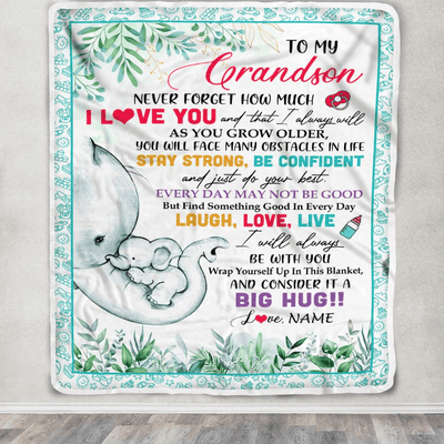 Personalized To My Grandson Blanket From Grandma Never Forget I Love You Elephant Baby Boy Grandson Birthday Graduation Christmas Customized Fleece Blanket