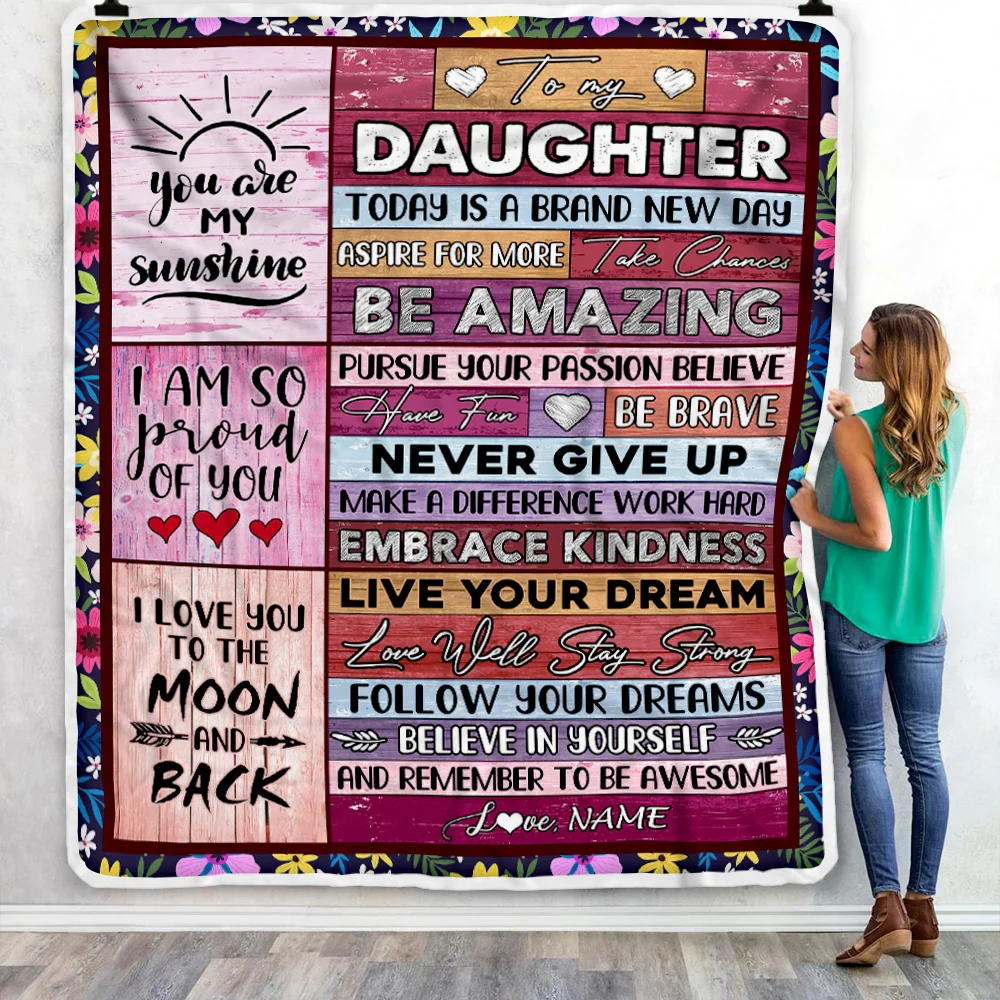 Personalized To My Daughter Blanket From Mom Dad Never Give Up Live Your Dream Pink Wood Daughter Birthday Graduation Christmas Customized Fleece Blanket