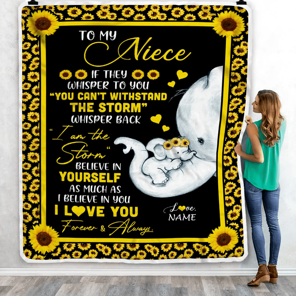 Personalized To My Niece Blanket From Aunt Auntie I Am The Storm Big Hug Sunflower Elephant Niece Birthday Christmas Customized Bed Fleece Blanket