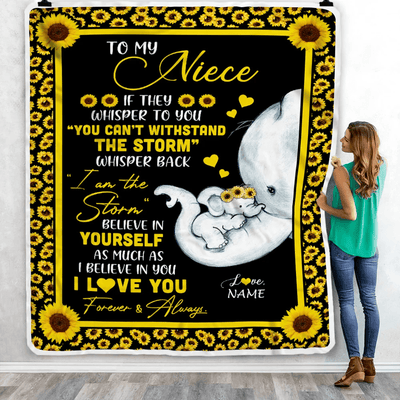 Personalized To My Niece Blanket From Aunt Auntie I Am The Storm Big Hug Sunflower Elephant Niece Birthday Christmas Customized Bed Fleece Blanket