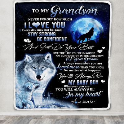 Personalized To My Grandson Blanket From Grandma Grandpa Wolf Never Forget How Much I Love You Grandson Birthday Christmas Customized Bed Fleece Blanket