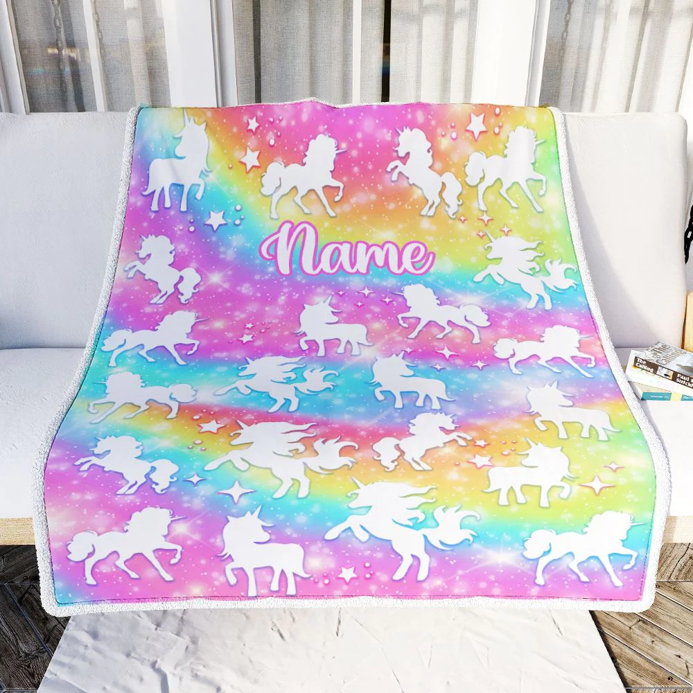 Personalized Unicorn Blanket For Girls Kids Custom Name Pink Rainbow Unicorns Daughter Granddaughter Niece Birthday Customized Bed Fleece Throw Blanket