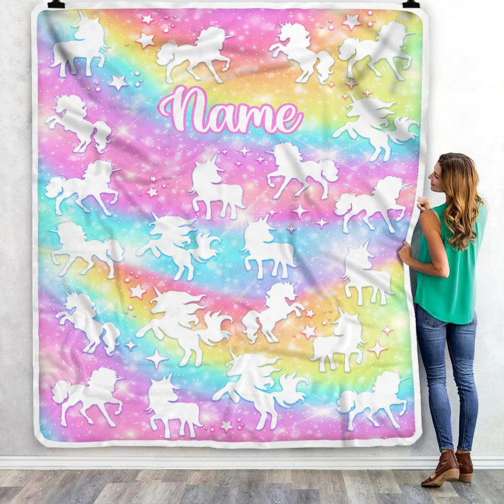 Personalized Unicorn Blanket For Girls Kids Custom Name Pink Rainbow Unicorns Daughter Granddaughter Niece Birthday Customized Bed Fleece Throw Blanket
