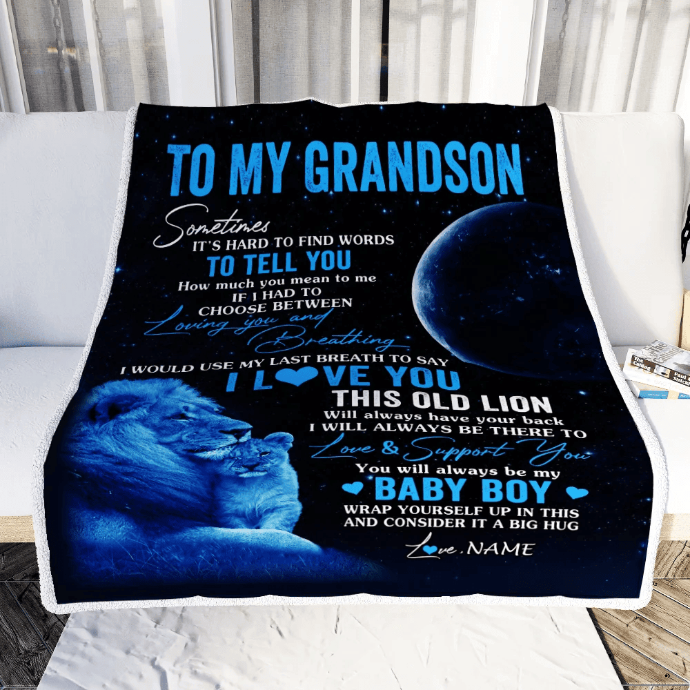 Personalized To My Grandson Blanket From Papa Grandpa I Love You This Old Lion Grandson Birthday Graduation Christmas Customized Bed Fleece Throw Blanket