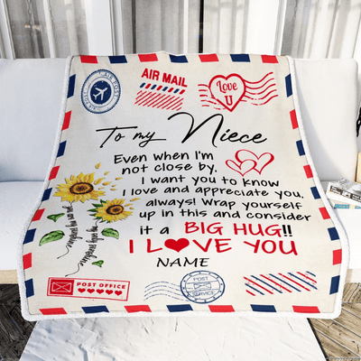 Personalized To My Niece Blanket From Aunt Uncle Auntie Love Big Hug Air Mail Letter Sunflower Niece Birthday Christmas Customized Fleece Throw Blanket
