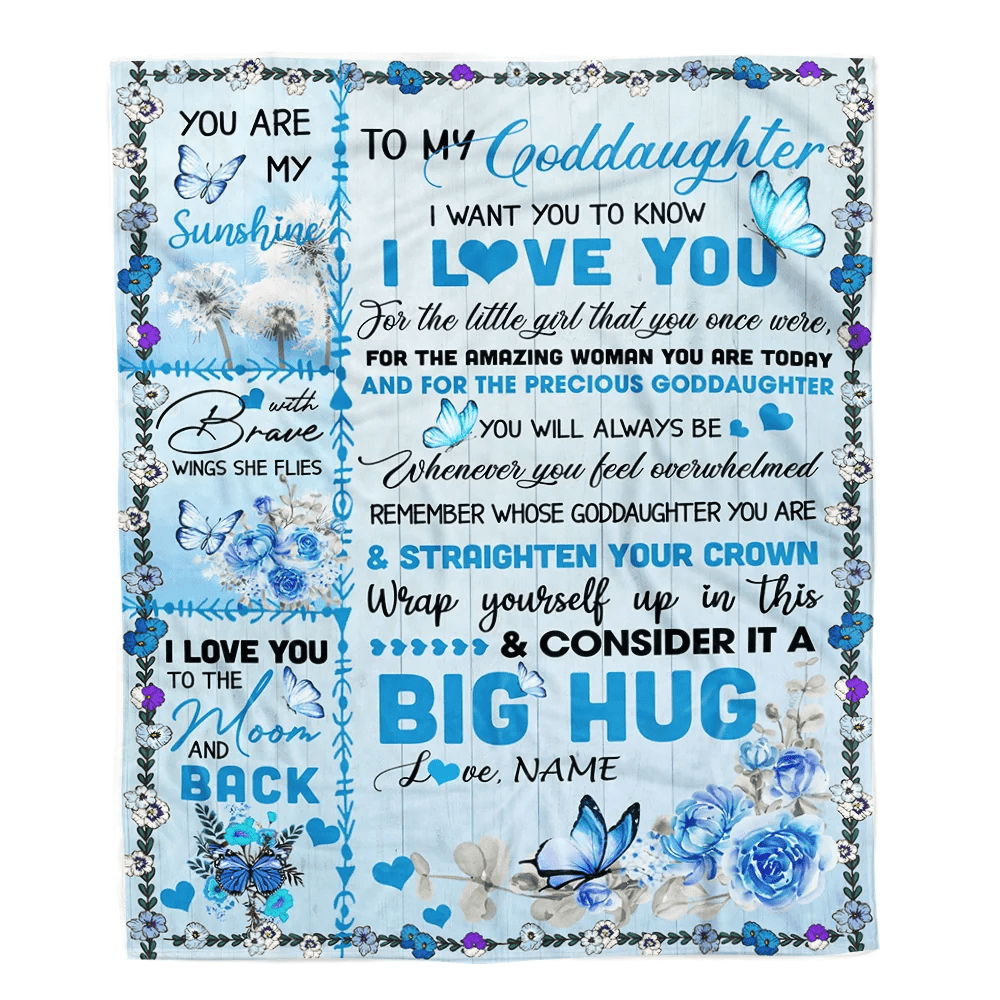 Personalized to My Goddaughter Blanket from Mom Dad Give You A Big Love Hug Butterfly Goddaughter Birthday Thanksgiving Christmas Customized Fleece Blanket