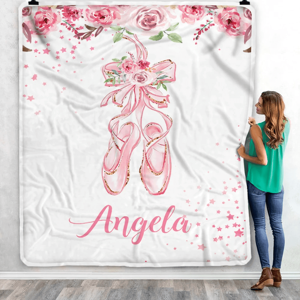Personalized Pink Ballet Shoes Baby Blanket with Name Custom Baby Nursery Kid Daughter Granddaughter Niece Birthday Customized Christmas Fleece Throw Blanket