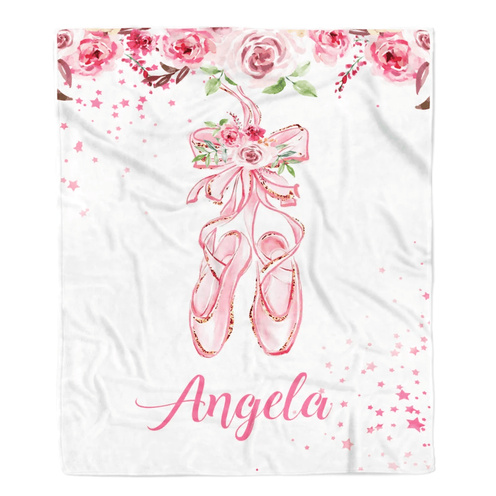 Personalized Pink Ballet Shoes Baby Blanket with Name Custom Baby Nursery Kid Daughter Granddaughter Niece Birthday Customized Christmas Fleece Throw Blanket