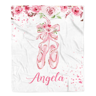 Personalized Pink Ballet Shoes Baby Blanket with Name Custom Baby Nursery Kid Daughter Granddaughter Niece Birthday Customized Christmas Fleece Throw Blanket