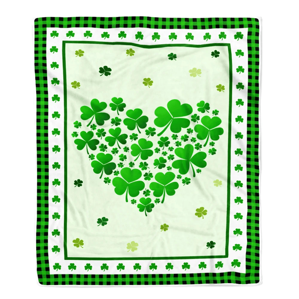 Green Shamrock Leaves Love Heart Irish Saint Patrick's Day Fleece Blanket