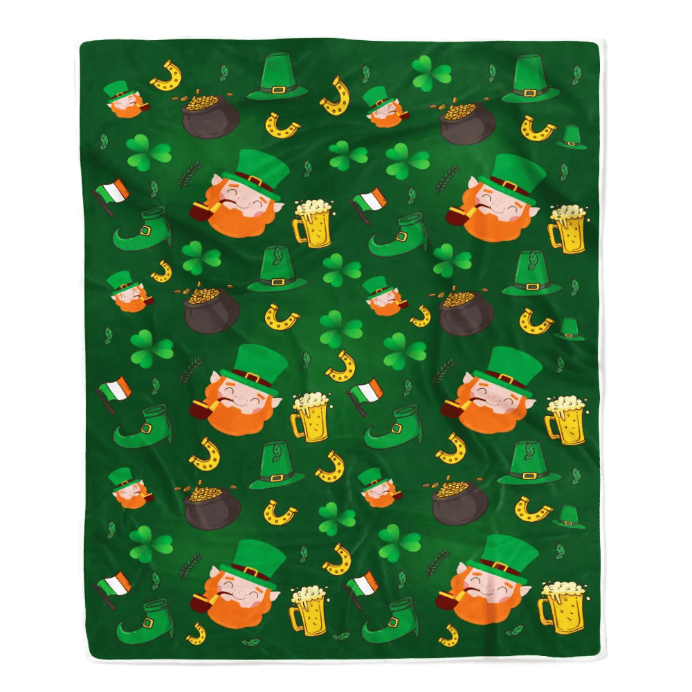 Happy St Patrick's Day Leprechaun Men Gold Coins And Clover Fleece Blanket