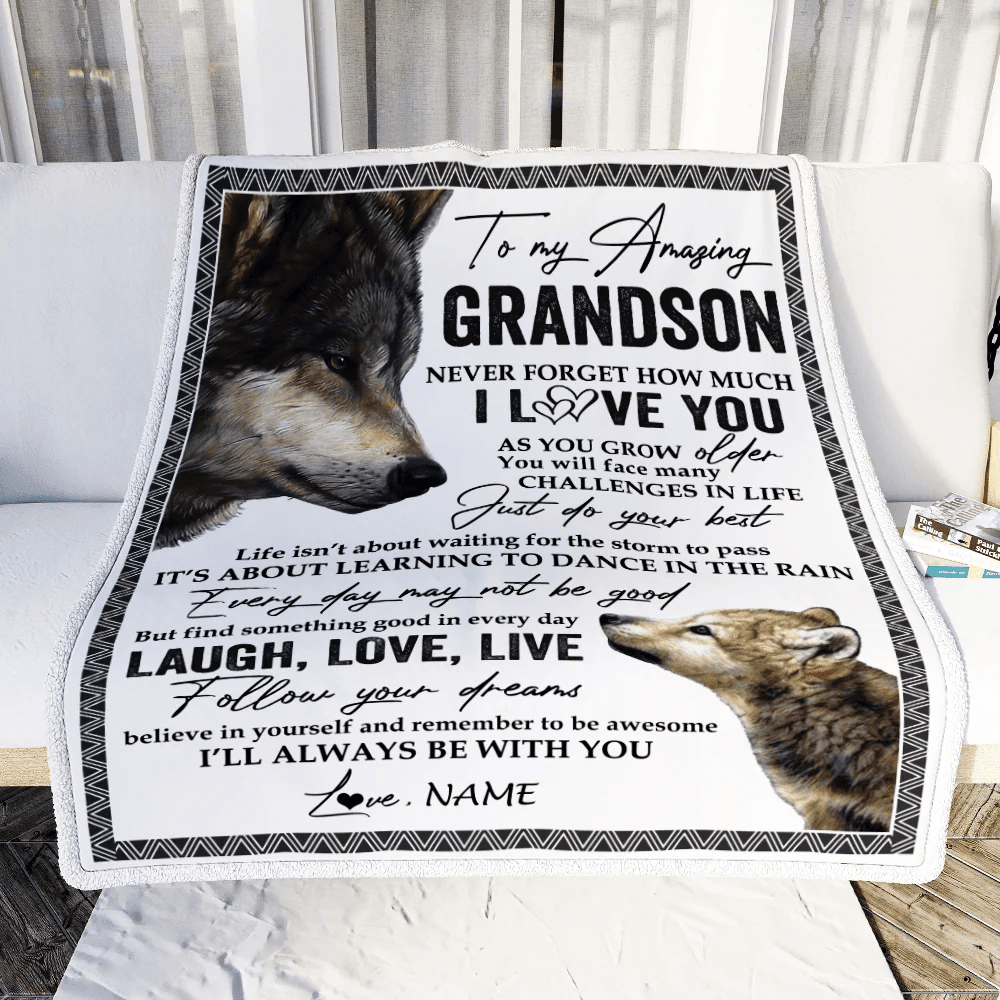 Personalized To My Grandson Blanket From Grandpa Grandma Just Do You Best Laugh Love Live Wolf Grandson Birthday Christmas Customized Bed Fleece Throw Blanket