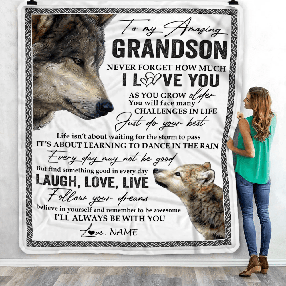 Personalized To My Grandson Blanket From Grandpa Grandma Just Do You Best Laugh Love Live Wolf Grandson Birthday Christmas Customized Bed Fleece Throw Blanket