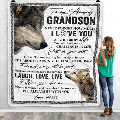 Personalized To My Grandson Blanket From Grandpa Grandma Just Do You Best Laugh Love Live Wolf Grandson Birthday Christmas Customized Bed Fleece Throw Blanket