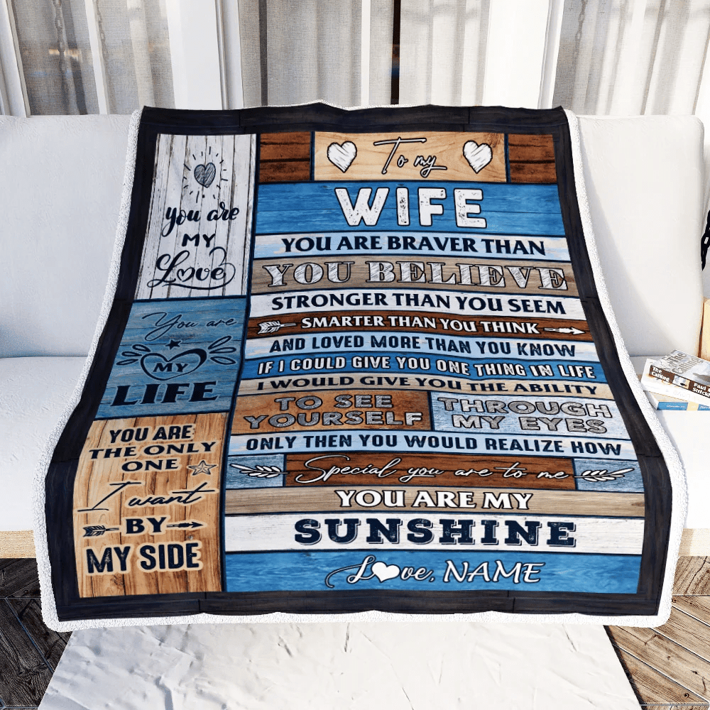 Personalized To My Wife Blanket From Husband Wood You Are My Sunshine I Love You Wife Anniversary Valentines Day Wedding Christmas Fleece Throw Blanket