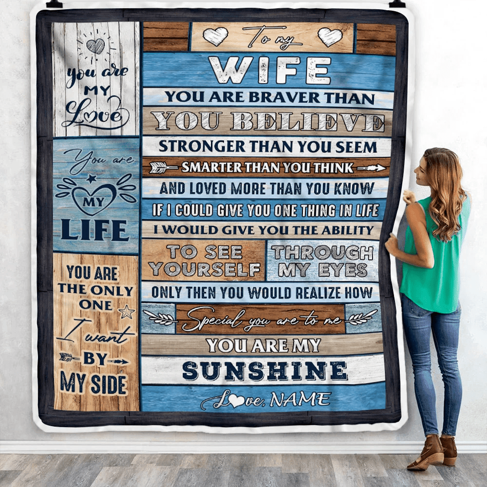 Personalized To My Wife Blanket From Husband Wood You Are My Sunshine I Love You Wife Anniversary Valentines Day Wedding Christmas Fleece Throw Blanket
